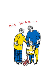 怪我をした小さい子供とシニア男性と女性、孫と祖父母、カラー（縦、下中央配置）
