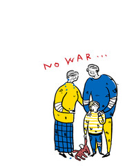 怪我をした小さい子供とシニア男性と女性、孫と祖父母、カラー（縦、右下配置）
