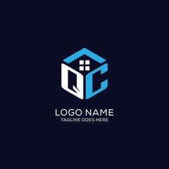 Initial logo QC monogram with abstract house hexagon shape, clean and elegant real estate logo design