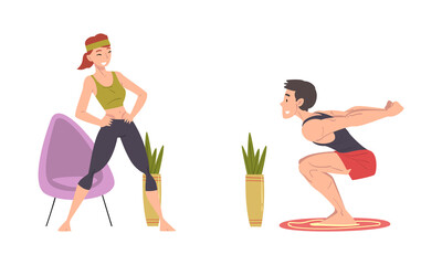 Young man and women in sports outfit doing sports at home set cartoon vector illustration