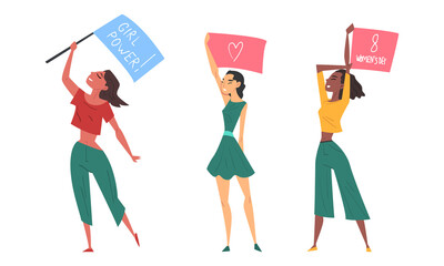 Female activists protesting with flag and placards set. Woman protesters statementing of their rights cartoon vector illustration