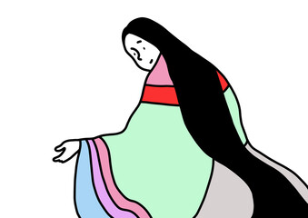 日本の伝統的な着物「十二単」を着ている昔の女の人。