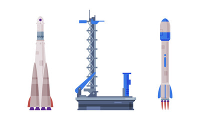 Space rockets and spaceship launch platform. Space industry exploration vector illustration