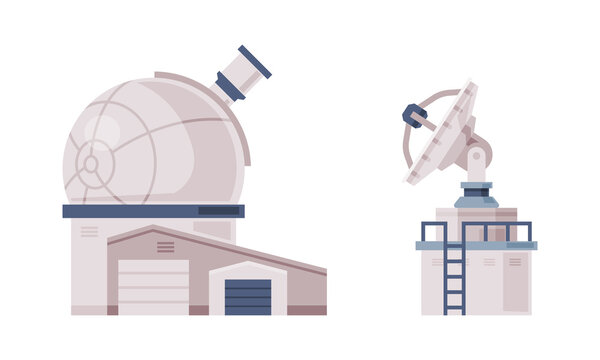 Observatory dome and satellite dish for broadcast communication. Explore and observe galaxy and space technologies vector illustration