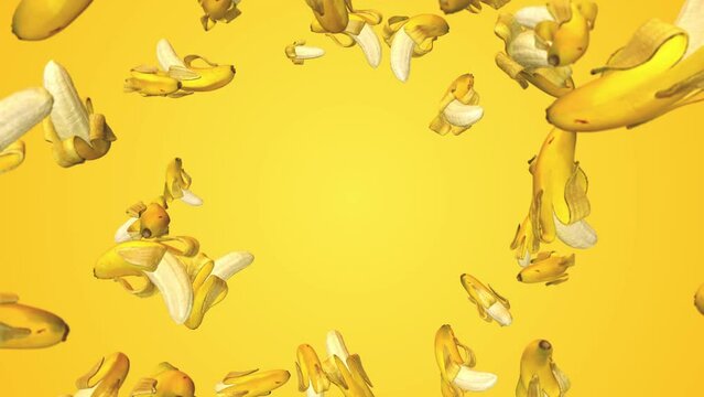 Flying yellow fresh peeled bananas. Abstract art background. Realistic 3d animation. Bright loop motion graphic for food broadcast.