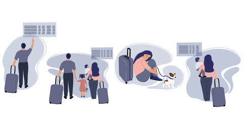 Set. Refugees. Immigrants. A family with small children and suitcases is forced to leave the country. Sad girl sits with a suitcase and a dog. Evacuation. Resettlement during the war. Vector illustrat