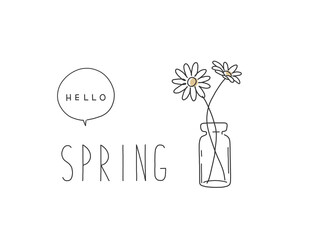 花瓶に入ったマーガレットの手描きペン画風シンプル春イラスト