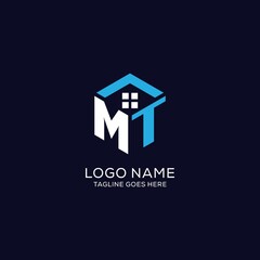 Initial logo MT monogram with abstract house hexagon shape, clean and elegant real estate logo design