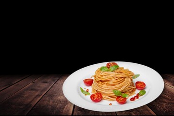 Italian pasta with tomato. Italian fresh recipe rustic minimalistic style