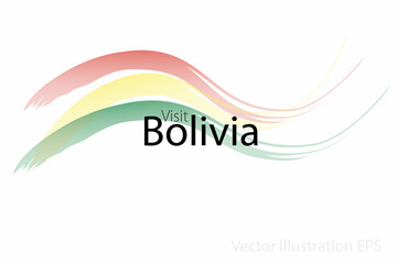 the slogan visit Bolivia with curved waves in watercolor style which are in the colors of the national flag. Vector Illustration