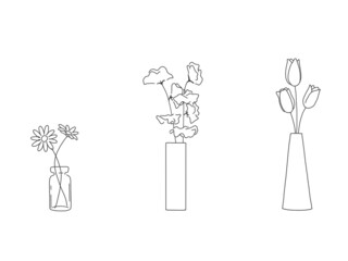 花瓶に入ったチューリップとスイートピーとマーガレットの手描きペン画風シンプル春イラスト