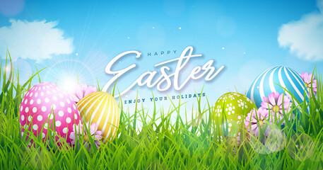 Vector Happy Easter Holiday Illustration with Painted Egg on Nature Grass Background. International Spring Celebration Design with Typography for Greeting Card, Party Invitation or Promo Banner.