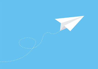 Paper airplane icon with dotted path. Flying plane on blue background. Vector illustration.