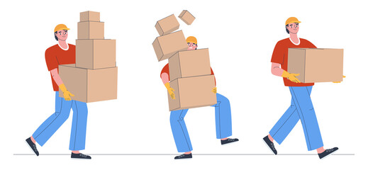 The man carries one box. The courier delivers a lot of boxes. The delivery man scattered the parcels. Set of different types of couriers from the delivery service. Flat vector illustration. Eps10 © eto100ya
