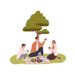 Happy family on summer picnic. Father, mother and child on grass outdoors. Parents and son in nature on holidays. Mom, dad, kid relaxing together. Flat vector illustration isolated on white background