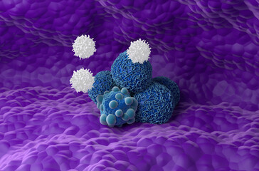 Activated t-cells attack pancreatic cancer cells group - isometric view 3d illustration - obrazy, fototapety, plakaty