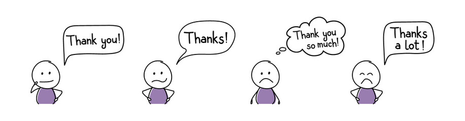Sad cartoon people with text - thank you, thanks. Vector