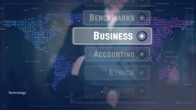 Ethics. A businessman selecting an Ethics business concept on a futuristic screen.