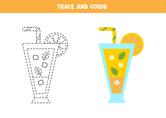 Trace and color summer cocktail. Worksheet for children.