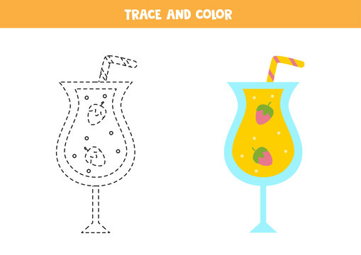 Trace and color summer cocktail. Worksheet for children.