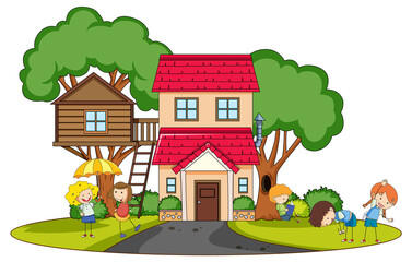 A simple house with kids in nature background