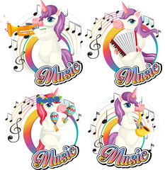Set cute unicorn playing musical instruments with music notes on white background