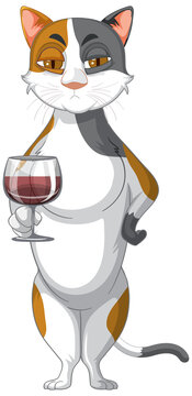 A cat standing and drinking wine on white background