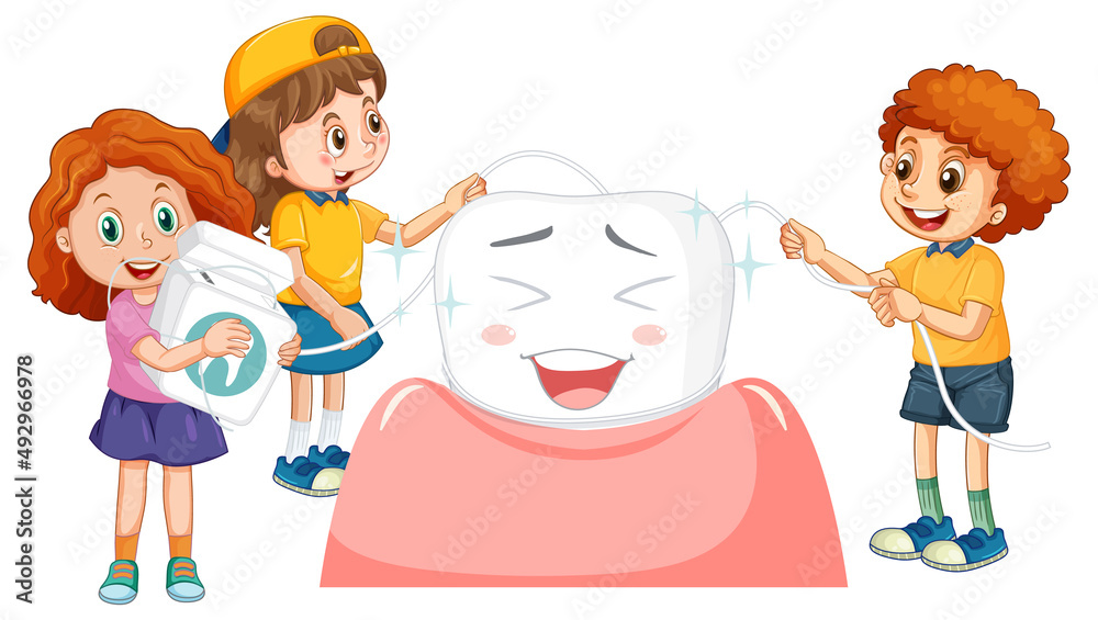 Canvas Prints children polishes the teeth using dental floss on white background