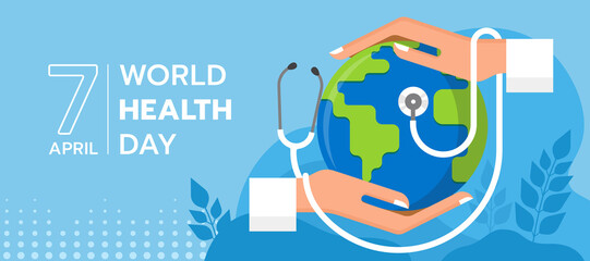 world health day - hand hold care globle world with stethoscope around on blue background vector design