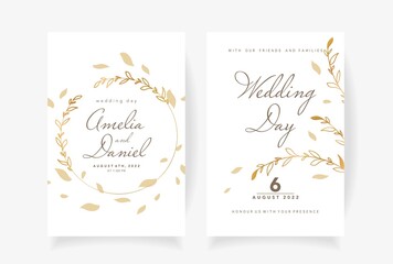 Obraz na płótnie Canvas Wedding invitation template with beautiful golden leaves and flowers Vector illustration