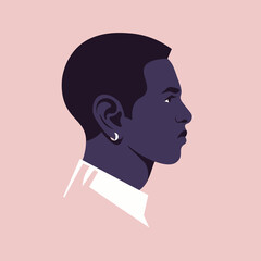 Portrait of a young African man in the profile. Diversity. Face of a businessman. Side view. Avatar for social media. Vector flat illustration