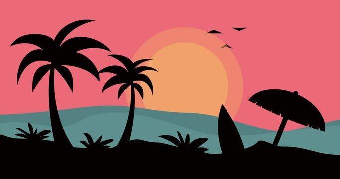 animated video background of beach and coconut trees with umbrella and skis