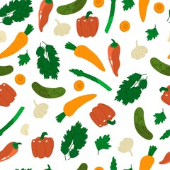Seamless pattern with vegetables. Pepper, carrot, cucumber, garlic, celery, parsley. Background for home paper and textile. Flat style in vector illustration. Isolated element.