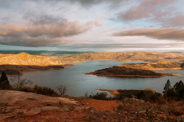 Sunlight across the hills and lake in country NSW Australia