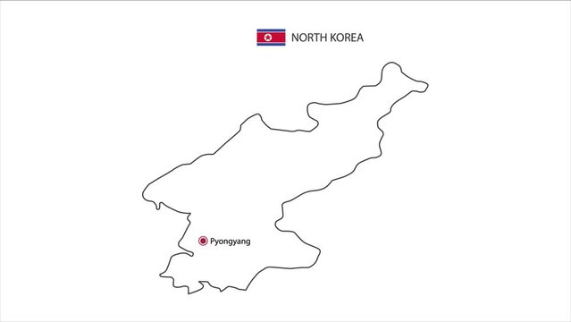 Motions point of Pyongyang City with North Korea flag and North Korea map.