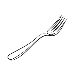 Black linear drawing of a fork on a white background. Illustration for books, advertisements, menus.