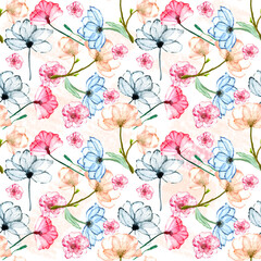Pattern floreale, fiori colorati ad acquerello su sfondo bianco