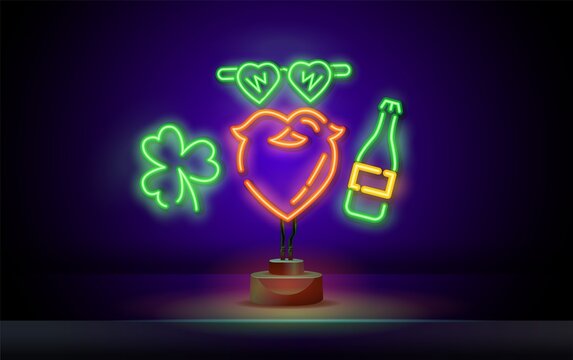 Irishman Neon Sign. Neon Icon Glasses, Beard, Clover. Man Portrait Vector Illustration In Neon Style. St. Patrick S Day Design.