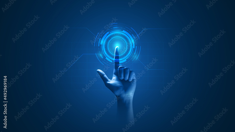 Fototapete hand touch digital hud interface futuristic technology background of virtual computer screen display