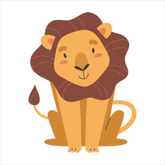 Cute lion smiling, wild african safari animal, vector drawing isolated on white background, sticker or poster for kids, isolated editable clip art
