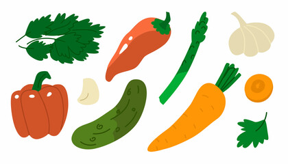 Food Collection. Vegetables. Pepper, carrot, cucumber, garlic, celery, parsley. Product store, market, menu, kitchen design. Flat style in vector illustration. Isolated.