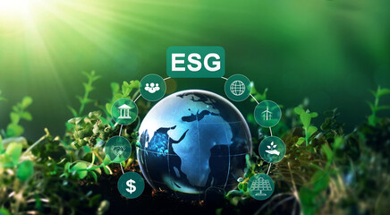 Environment social and governance in sustainable and ethical business. Crystal globe with ESG icons. Using technology of renewable resource to reduce pollution