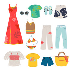 big Woman summer clothing vector icon set. dress, sundress, shorts, skirt, shoes, bag, T-shirt, hat, glasses, pants, blouse, sandals. Clothes collection. Vector illustration