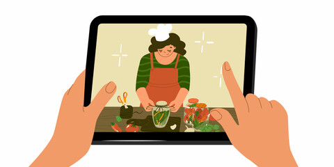 Food blogger. Cooking. Woman makes homemade vegetables. Home canning. Preparing food process. Concept of home made pickles. Chef. Flat style in vector illustration.