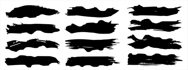 Vector collection of artistic grungy black paint hand made creative brush stroke set isolated on banner background. A group of abstract grunge sketches for design education or graphic art decoration