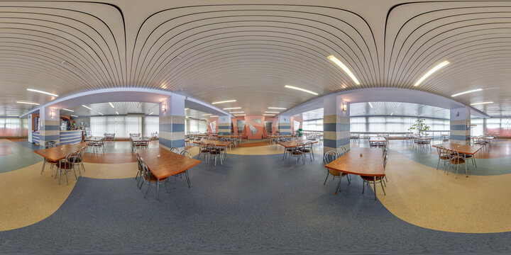 MOSCOW, RUSSIA - MARCH, 2022: spherical seamless hdr 360 panorama in public dining room with rows of tables and chairs in equirectangular projection. VR