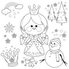 Winter set with a beautiful snow princess and a snowman. Vector black and white coloring page