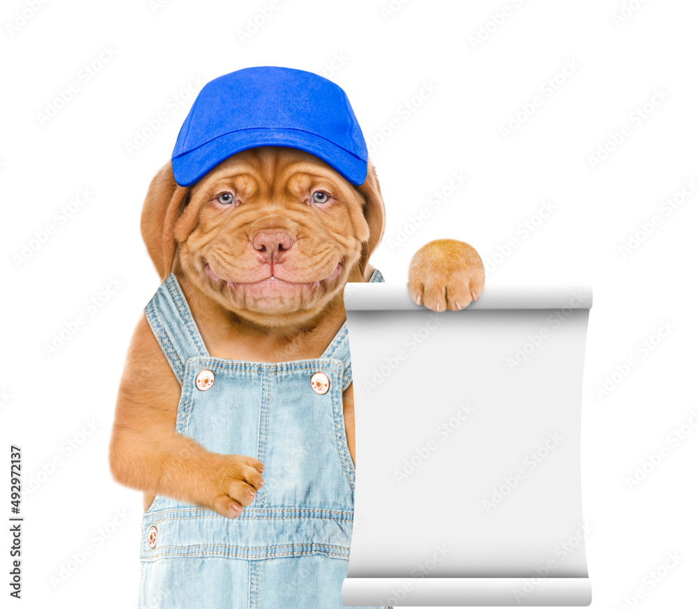 Poster Smiling puppy wearing  blue cap and overalls shows empty list. Isolated on white background