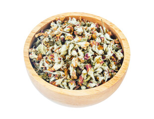 Flower tea. Dried of apple blossom in wooden bowl isolated on white background.