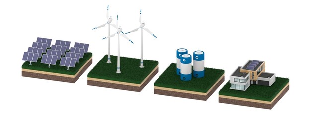 Isometric 3d render of network made of wind turbines, solar panels, battery and house